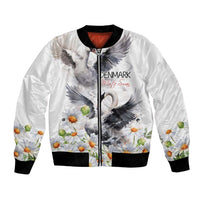 White bomber jacket, zip front, black ribbed hem and cuffs, swans with daisy print