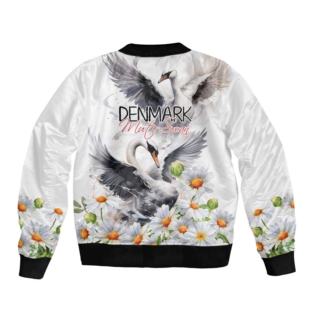 White bomber jacket with black ribbed collar, flying swan and daisy graphic, front view