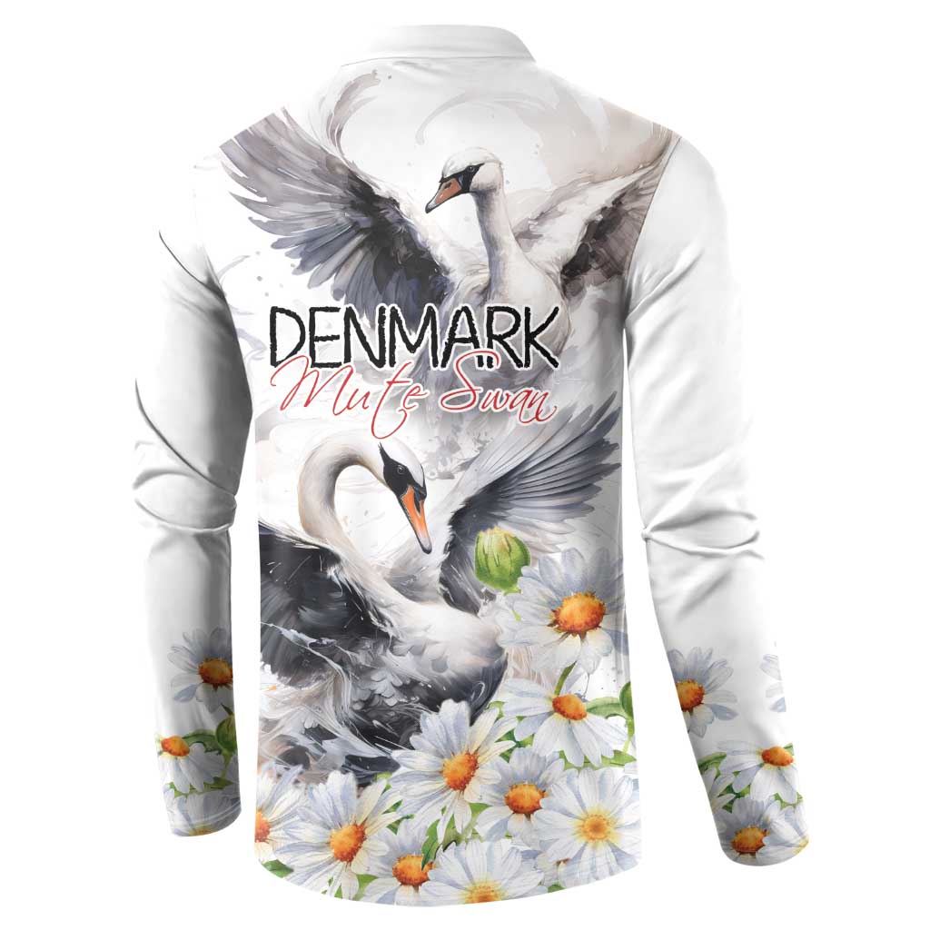 White button-front sweatshirt with Denmark mute swan graphic and daisies