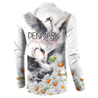 White button-front sweatshirt with Denmark mute swan graphic and daisies