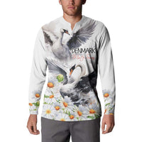 White button-front sweatshirt with large mute swan and daisy floral front print