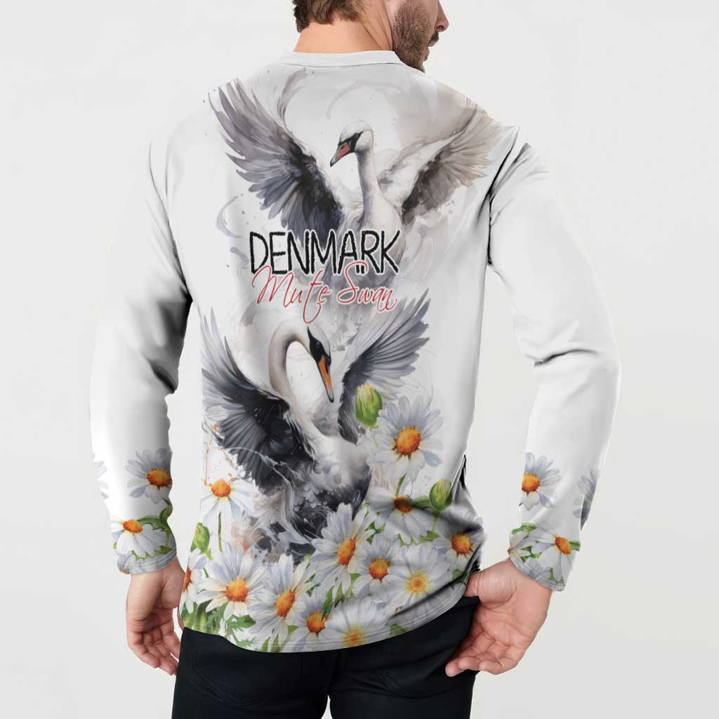 White button-front sweatshirt with back mute swan and daisy floral graphic