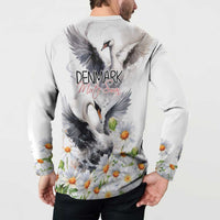 White button-front sweatshirt with back mute swan and daisy floral graphic