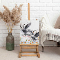 Canvas wall art of gray mute swans with Denmark lettering and chamomile daisy flowers
