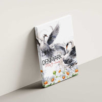 Canvas wall art of gray mute swans with Denmark title and chamomile daisies on white
