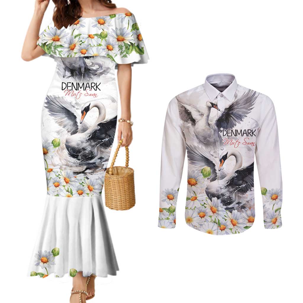 Denmark Mute Swan Couples Matching Mermaid Dress and Long Sleeve Button Shirt Wth Chamomile Daisy Flowers