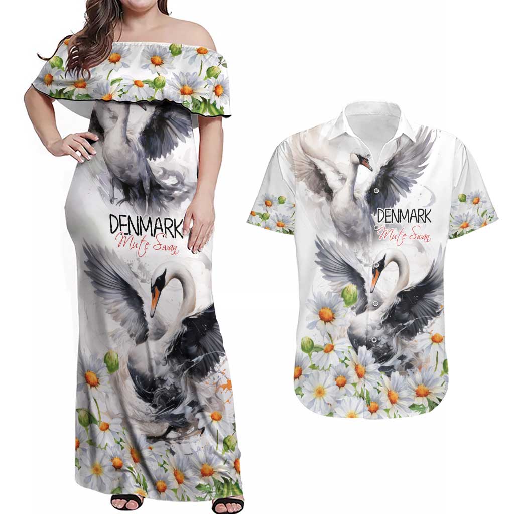 Denmark Mute Swan Couples Matching Off Shoulder Maxi Dress and Hawaiian Shirt With Chamomile Daisy Flowers LT9 - Wonder Print Shop