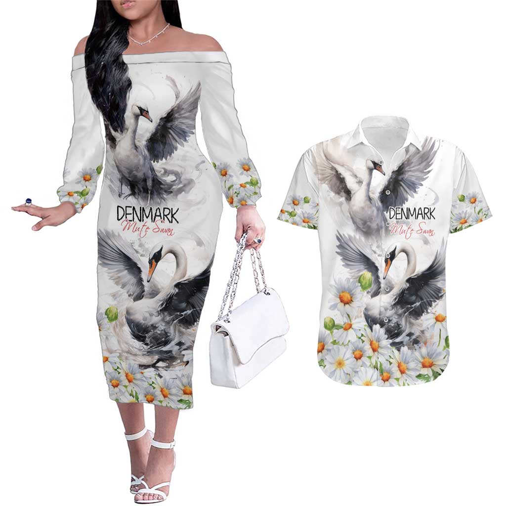 Denmark Mute Swan Couples Matching Off The Shoulder Long Sleeve Dress and Hawaiian Shirt With Chamomile Daisy Flowers LT9 - Wonder Print Shop