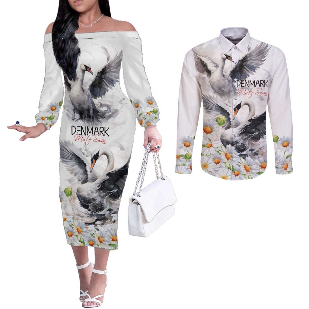 Denmark Mute Swan Couples Matching Off The Shoulder Long Sleeve Dress and Long Sleeve Button Shirt Wth Chamomile Daisy Flowers