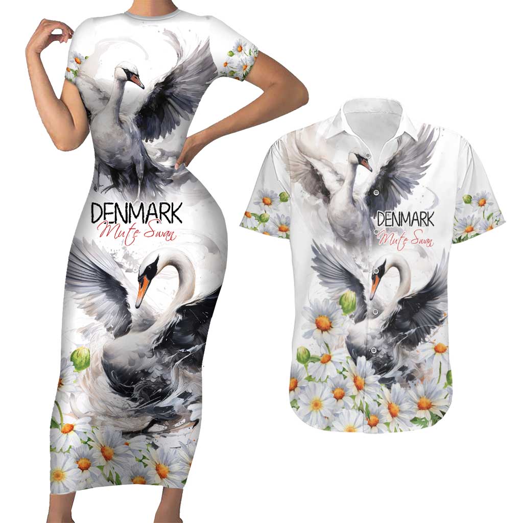 Denmark Mute Swan Couples Matching Short Sleeve Bodycon Dress and Hawaiian Shirt With Chamomile Daisy Flowers LT9 - Wonder Print Shop