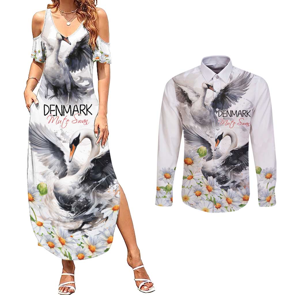 Denmark Mute Swan Couples Matching Summer Maxi Dress and Long Sleeve Button Shirt With Chamomile Daisy Flowers LT9 - Wonder Print Shop