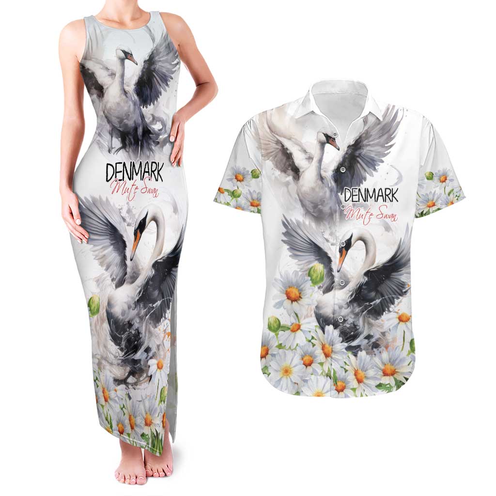 Denmark Mute Swan Couples Matching Tank Maxi Dress and Hawaiian Shirt With Chamomile Daisy Flowers LT9 - Wonder Print Shop