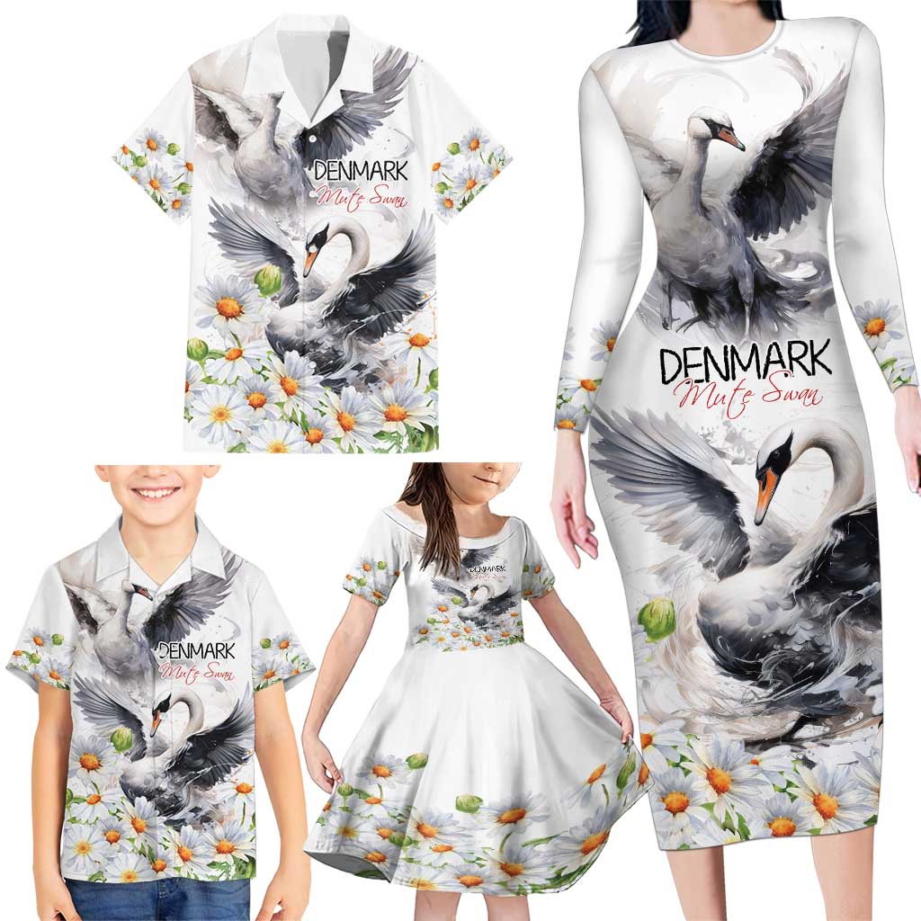 Denmark Mute Swan Family Matching Long Sleeve Bodycon Dress and Hawaiian Shirt With Chamomile Daisy Flowers LT9 - Wonder Print Shop