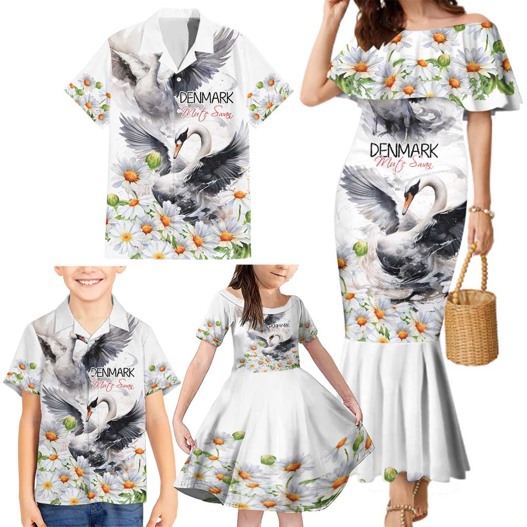 Denmark Mute Swan Family Matching Mermaid Dress and Hawaiian Shirt With Chamomile Daisy Flowers LT9 - Wonder Print Shop