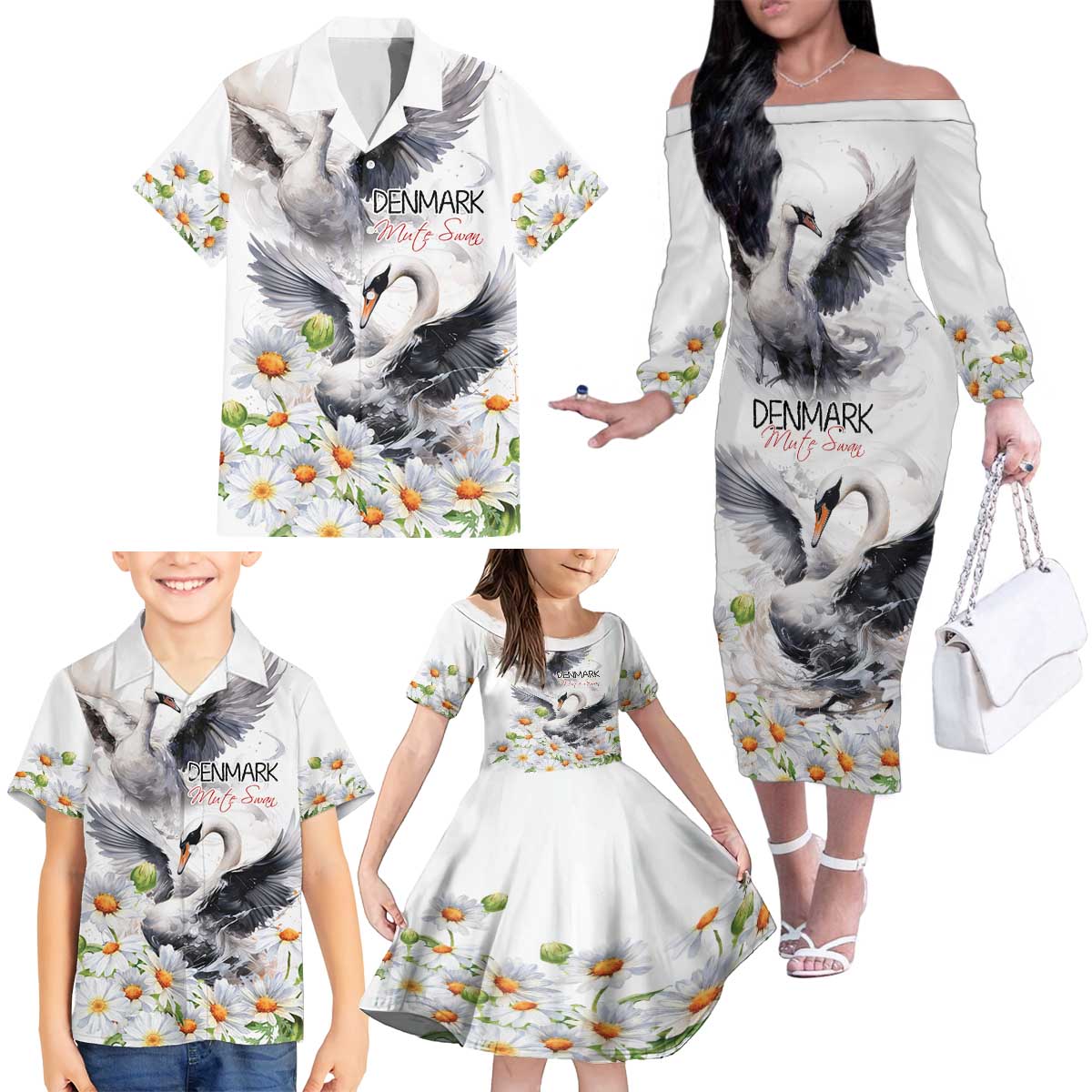 Denmark Mute Swan Family Matching Off The Shoulder Long Sleeve Dress and Hawaiian Shirt With Chamomile Daisy Flowers - Wonder Print Shop