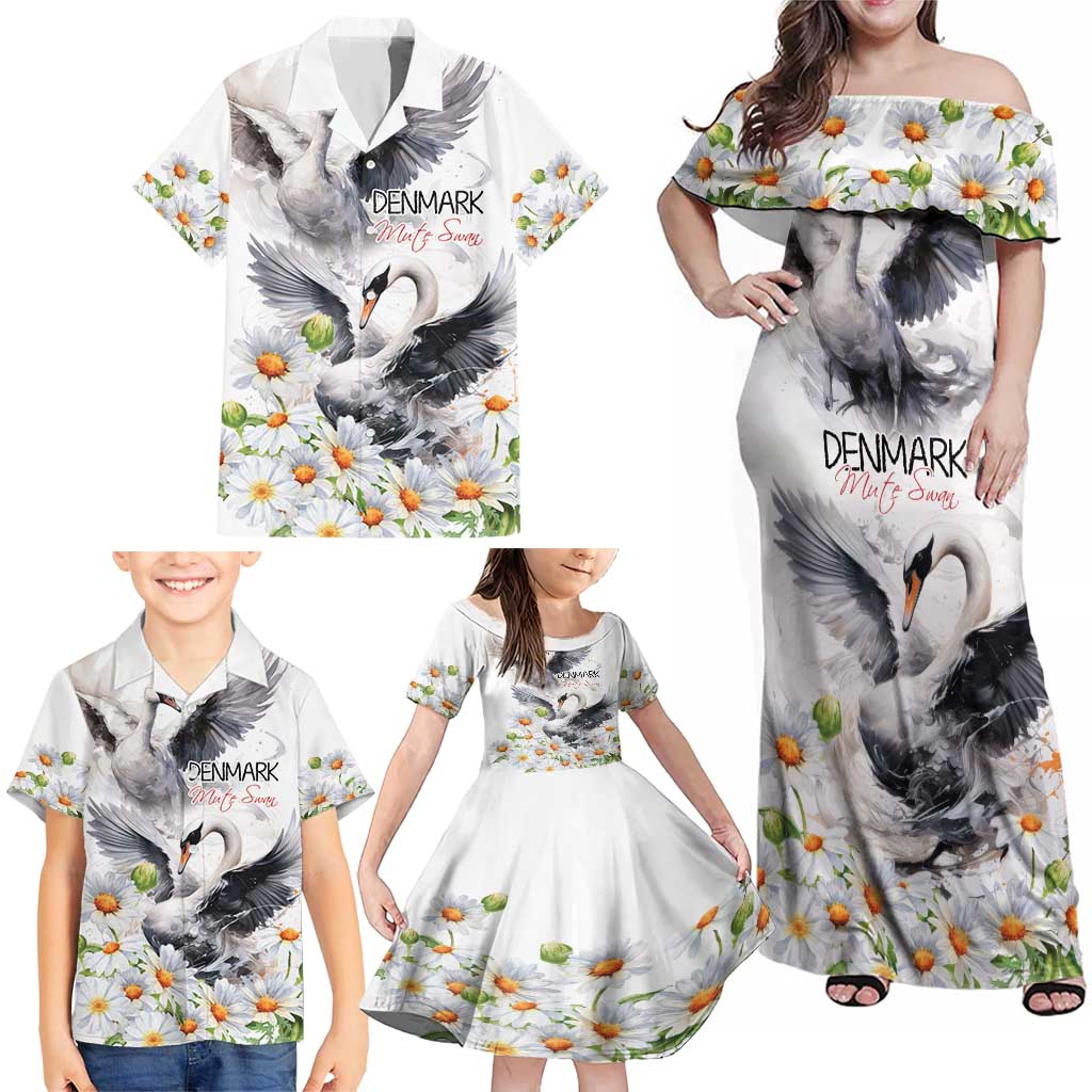 Denmark Mute Swan Family Matching Off Shoulder Maxi Dress and Hawaiian Shirt With Chamomile Daisy Flowers LT9 - Wonder Print Shop