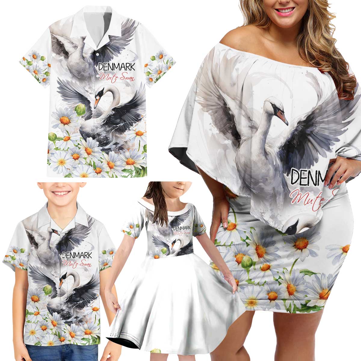 Denmark Mute Swan Family Matching Off Shoulder Short Dress and Hawaiian Shirt With Chamomile Daisy Flowers LT9 - Wonder Print Shop