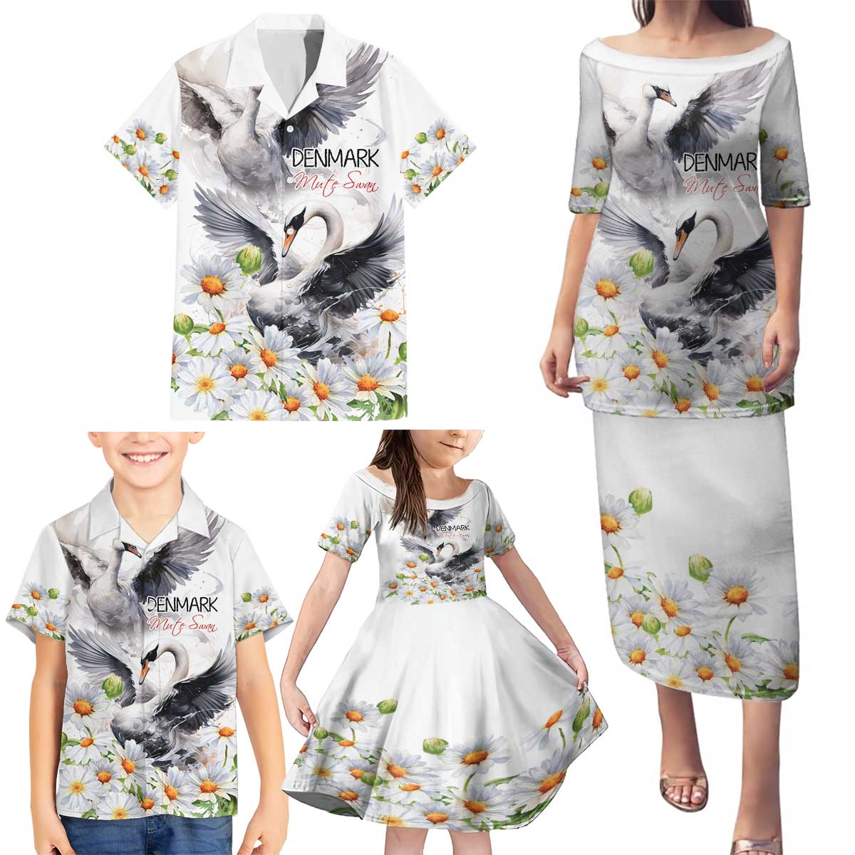 Denmark Mute Swan Family Matching Puletasi and Hawaiian Shirt With Chamomile Daisy Flowers - Wonder Print Shop