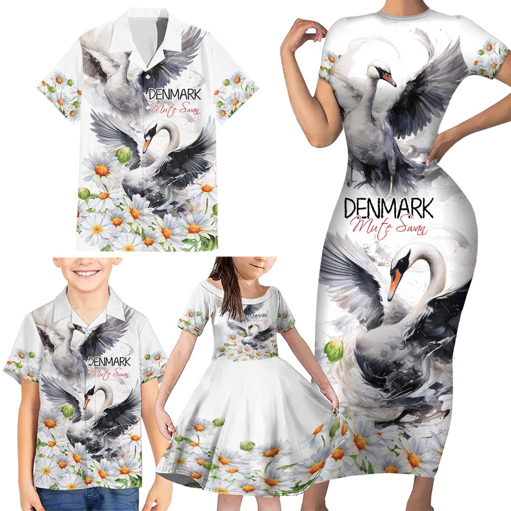 Denmark Mute Swan Family Matching Short Sleeve Bodycon Dress and Hawaiian Shirt With Chamomile Daisy Flowers - Wonder Print Shop