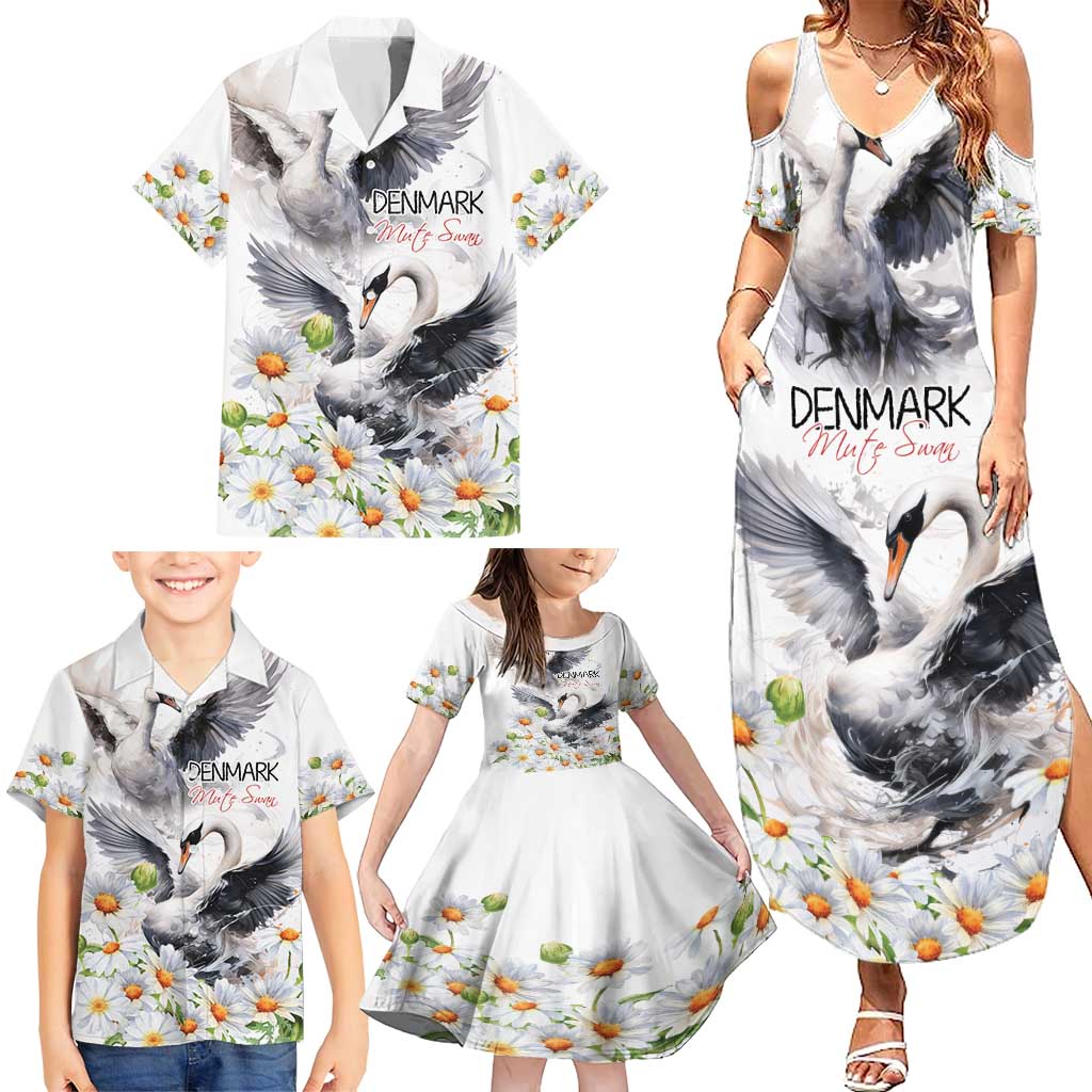 Denmark Mute Swan Family Matching Summer Maxi Dress and Hawaiian Shirt With Chamomile Daisy Flowers - Wonder Print Shop