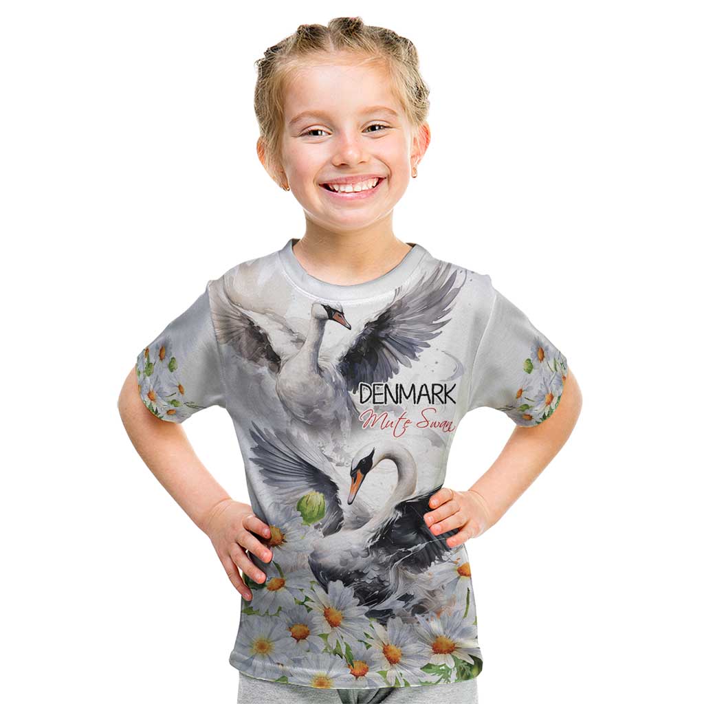 Denmark Mute Swan Kid T Shirt With Chamomile Daisy Flowers - Wonder Print Shop