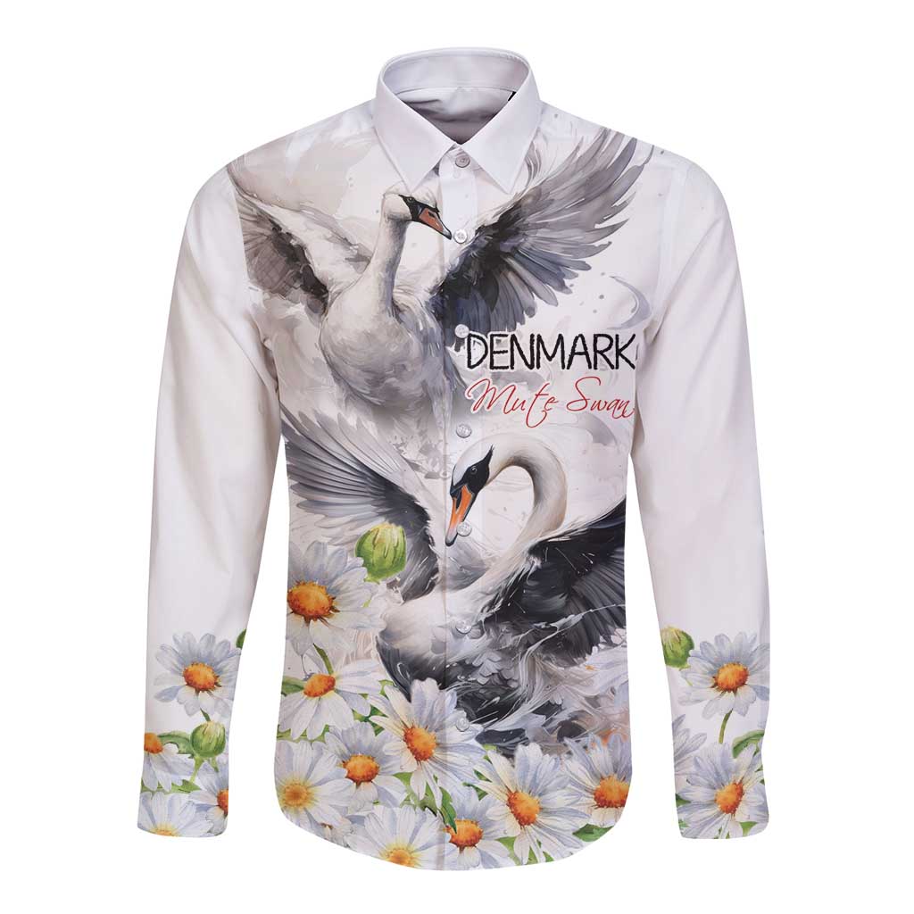 Long-sleeve button shirt, white with mute swan and daisy flower print, front