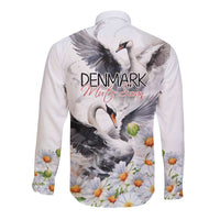 Long-sleeve button shirt, white with mute swan and daisy flower print, back