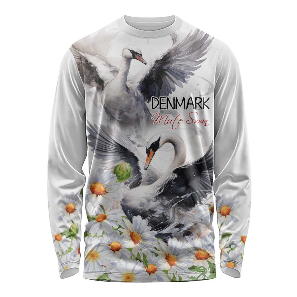 Denmark Mute Swan Long Sleeve Shirt With Chamomile Daisy Flowers - Wonder Print Shop