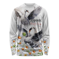 White long-sleeve shirt with mute swan print, 'DENMARK Mute Swan' text and daisies