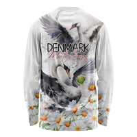 White long-sleeve shirt with back mute swan design, 'DENMARK Mute Swan' and daisies