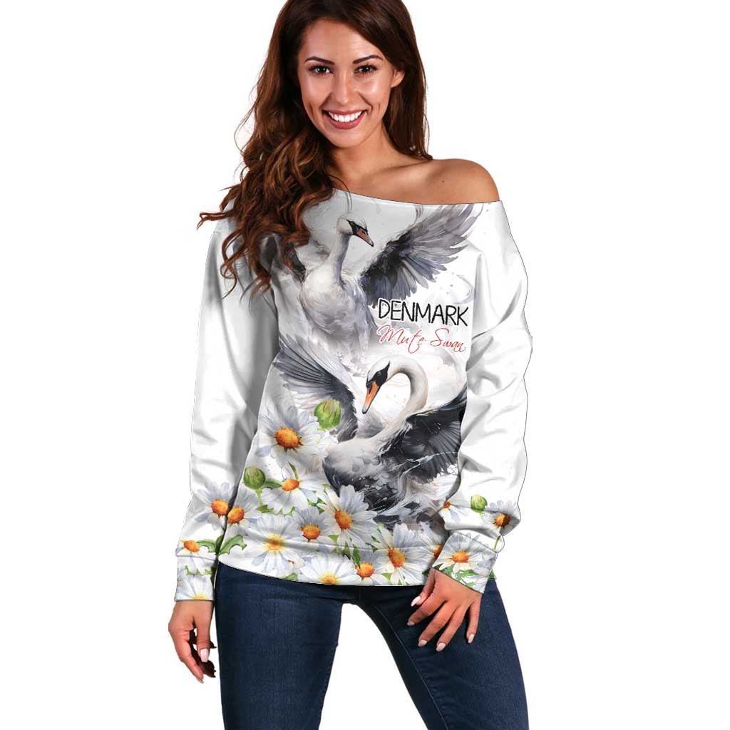 Denmark Mute Swan Off Shoulder Sweater With Chamomile Daisy Flowers - Wonder Print Shop