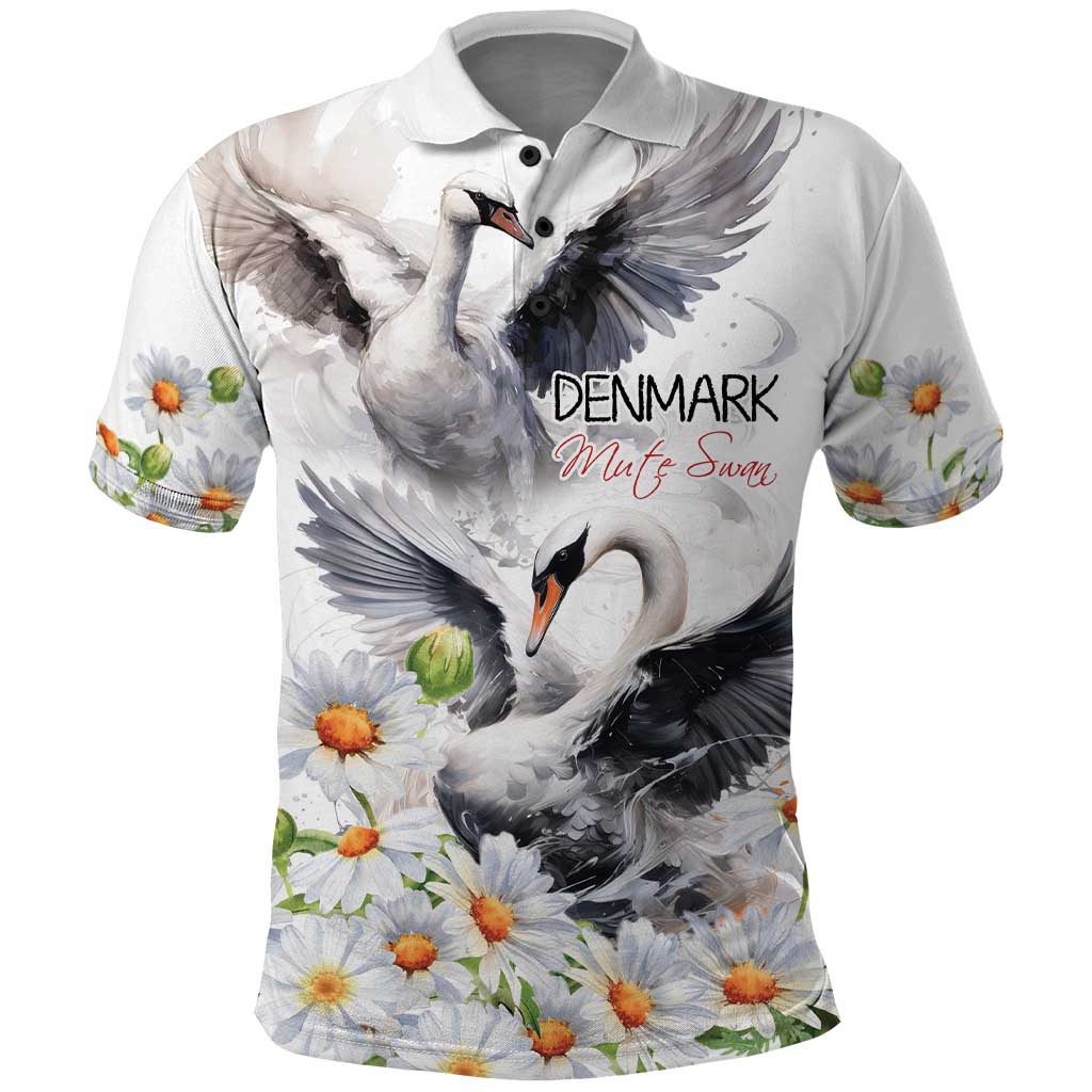 Denmark Mute Swan Polo Shirt With Chamomile Daisy Flowers - Wonder Print Shop