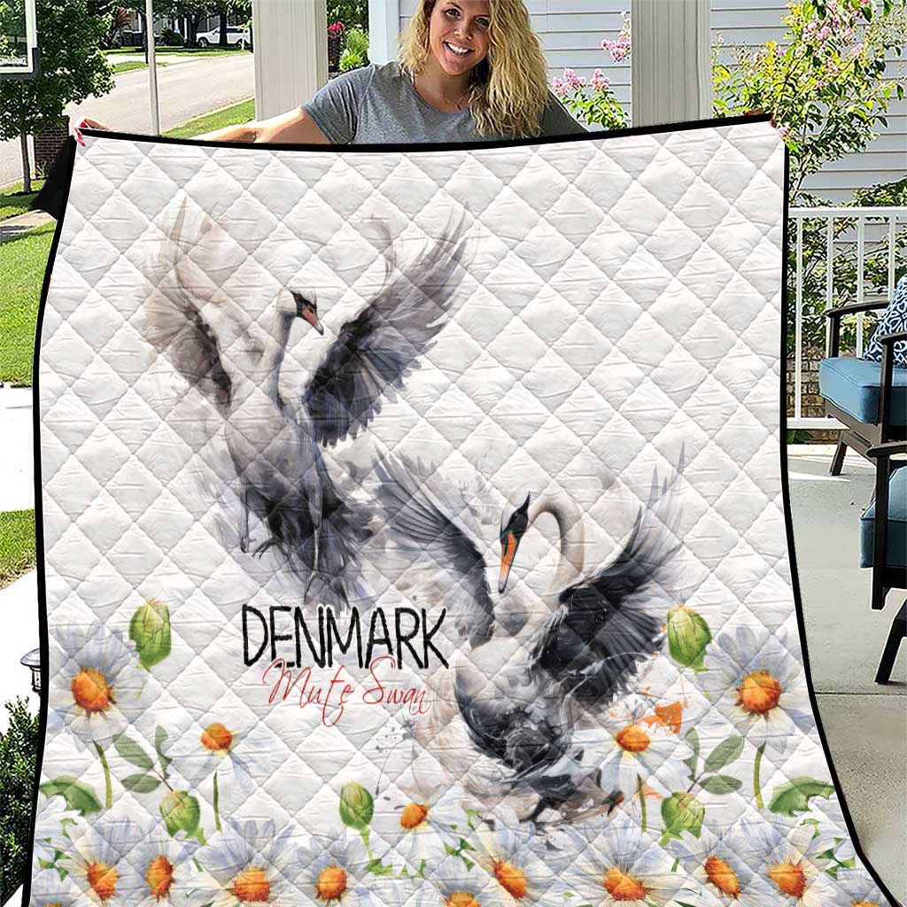 White quilt with gray mute swan and chamomile daisy flowers; Denmark text on diamond quilting