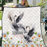 White quilt with gray mute swan and chamomile daisy flowers; Denmark text on diamond quilting