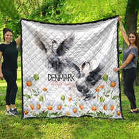 White quilt with gray mute swan, chamomile daisy flowers, and Denmark text; diamond quilt