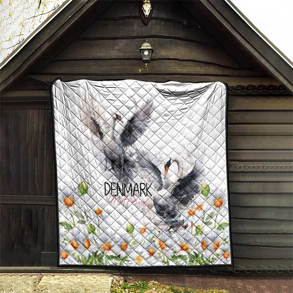 White quilt with gray mute swan, Denmark text, and chamomile daisy flowers; diamond quilted