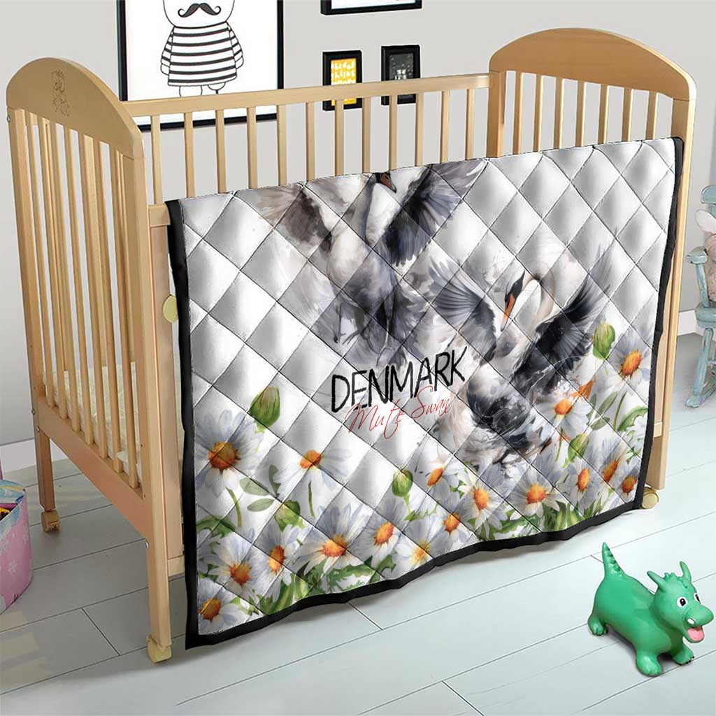 White quilt with gray mute swan, chamomile daisy flowers, and Denmark text; diamond pattern