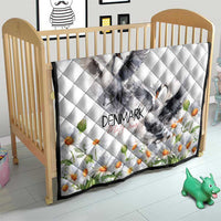 White quilt with gray mute swan, chamomile daisy flowers, and Denmark text; diamond pattern