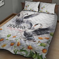 White quilt bed set with diamond quilting, mute swan artwork, and chamomile daisy border