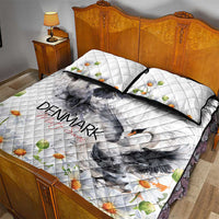 White quilt bed set with quilted pattern, mute swan print, and chamomile daisy flowers