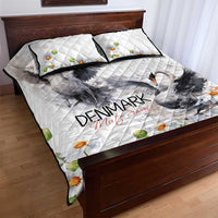 White quilt bed set with mute swan print, chamomile daisies, and two matching pillow shams