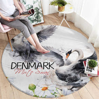 Round rug with gray mute swans and daisy flowers, white background, printed design
