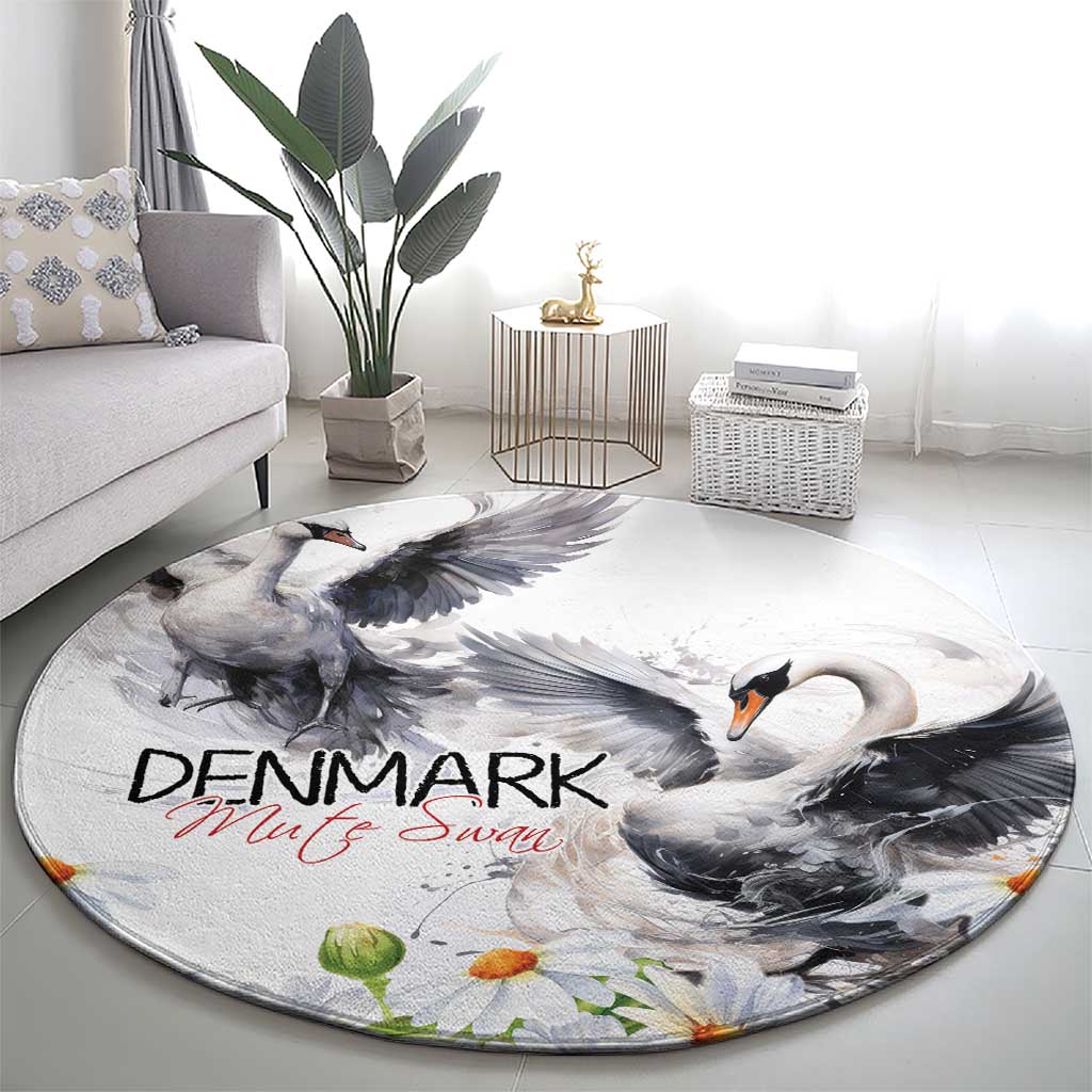 Round rug featuring two gray mute swans, daisy accents, bird-and-floral print