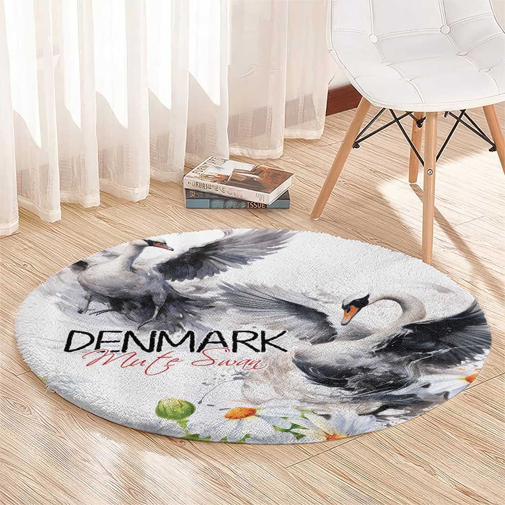 Round rug with gray swan pair and daisy flowers, circular watercolor-style print