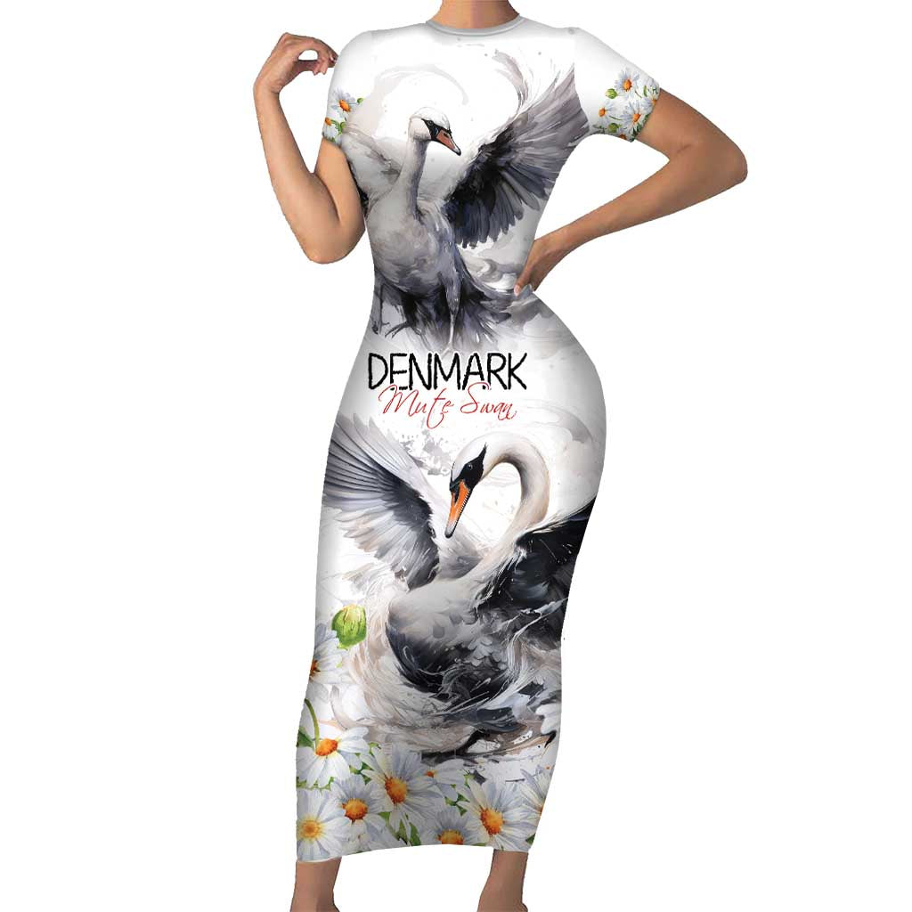 Denmark Mute Swan Short Sleeve Bodycon Dress Wth Chamomile Daisy Flowers