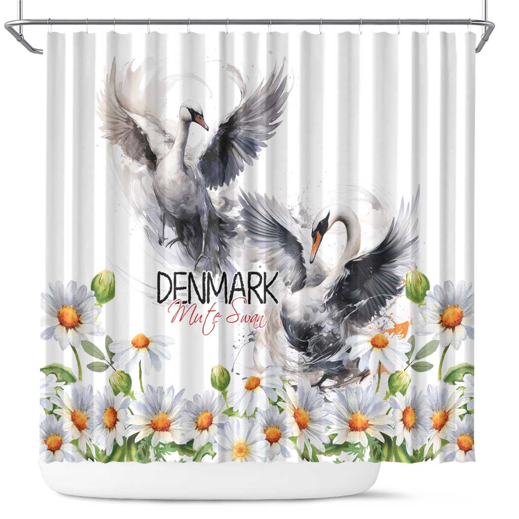 Denmark Mute Swan Shower Curtain Wth Chamomile Daisy Flowers