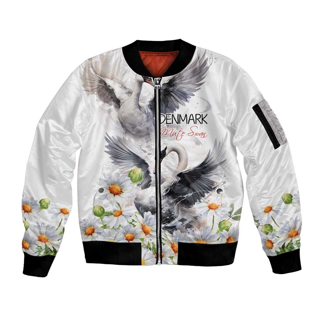 Denmark Mute Swan Sleeve Zip Bomber Jacket Wth Chamomile Daisy Flowers