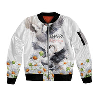 Unisex white bomber jacket with front zip, swan and daisy floral print, black rib trim