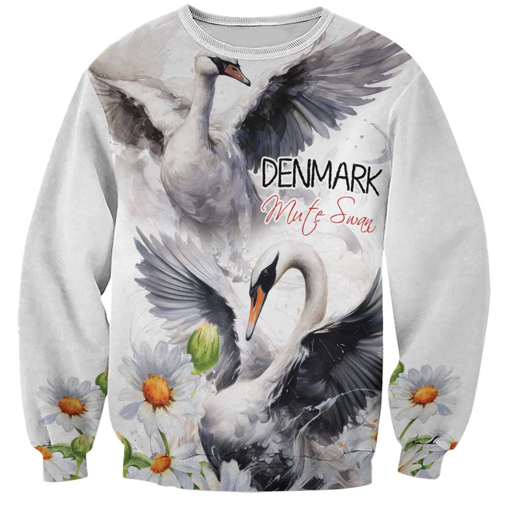 White unisex sweatshirt with front mute swan graphic and chamomile daisies, crewneck