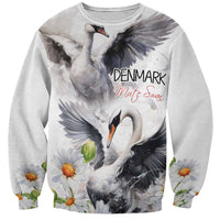 White unisex sweatshirt with front mute swan graphic and chamomile daisies, crewneck